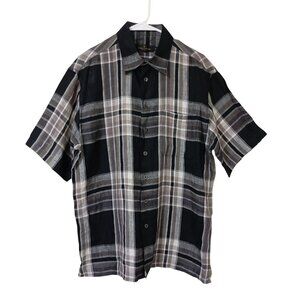 Bugatchi Uomo Shirt Button-Up Mens Black Gray Plaid 100% Linen Size M